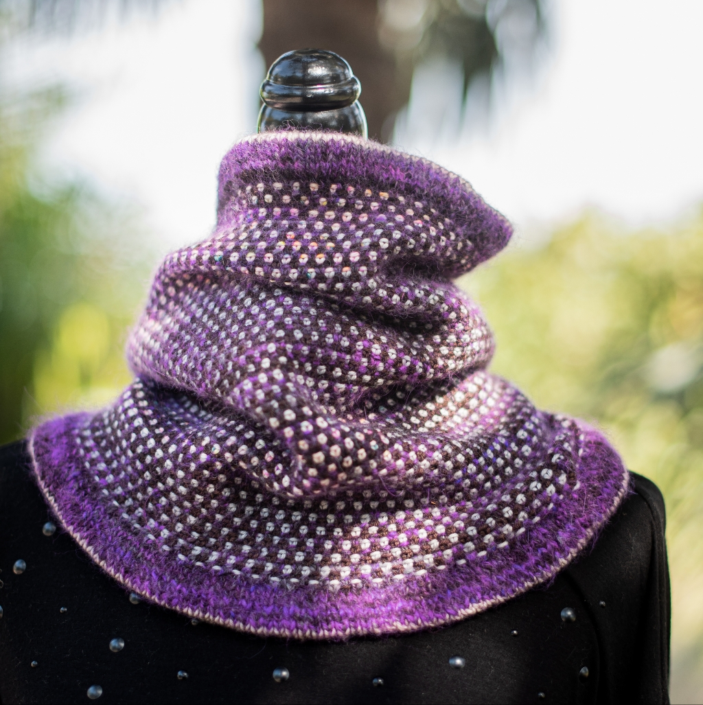 Hand Crafted Soft Warm Angora Knit Cowl In Purple Color Grey Dots Neon Speckles